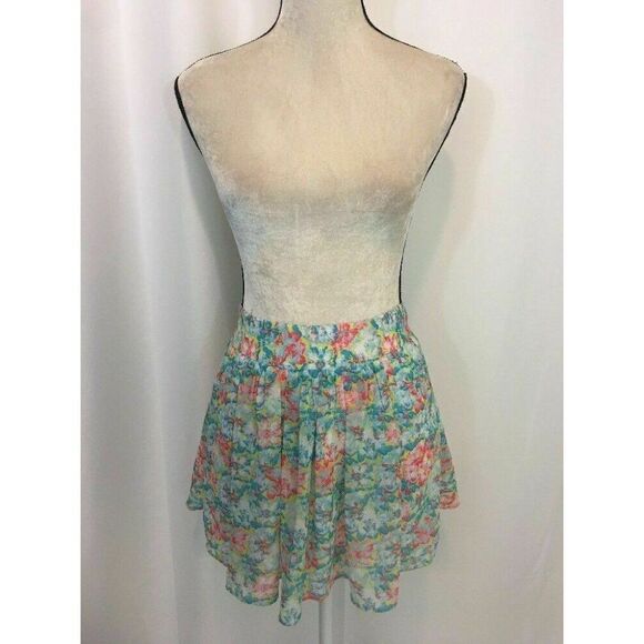 Zara Womens Floral Blue Yellow Pink Mini Flare Skirt Xs - Picture 1 of 7